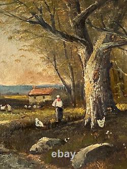 Ancien Tableau HST Barbizon Paysage Animé Fermière Poules Signé E. Ricard