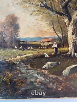 Ancien Tableau HST Barbizon Paysage Animé Fermière Poules Signé E. Ricard