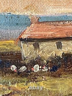 Ancien Tableau HST Barbizon Paysage Animé Fermière Poules Signé E. Ricard