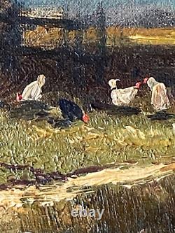 Ancien Tableau HST Barbizon Paysage Animé Fermière Poules Signé E. Ricard