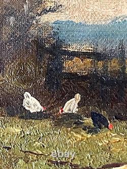 Ancien Tableau HST Barbizon Paysage Animé Fermière Poules Signé E. Ricard