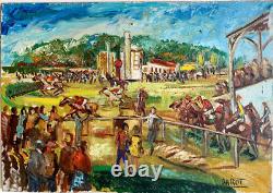 Ancien Tableau HST Chevaux Course de Saut d'Obstacle Signé Gérard Darot