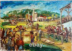 Ancien Tableau HST Chevaux Hippodrome Course Hippique d'Obstacles Signé Darot
