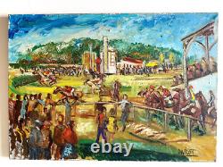 Ancien Tableau HST Chevaux Hippodrome Course Hippique d'Obstacles Signé Darot