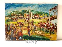 Ancien Tableau HST Chevaux Hippodrome Course Hippique d'Obstacles Signé Darot