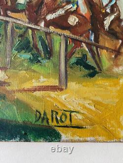 Ancien Tableau HST Chevaux Hippodrome Course Hippique d'Obstacles Signé Darot