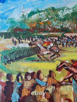 Ancien Tableau HST Chevaux Hippodrome Course Hippique d'Obstacles Signé Darot