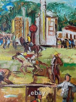 Ancien Tableau HST Chevaux Hippodrome Course Hippique d'Obstacles Signé Darot