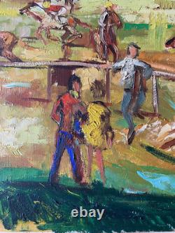 Ancien Tableau HST Chevaux Hippodrome Course Hippique d'Obstacles Signé Darot