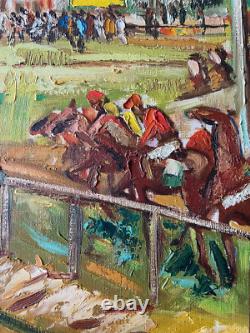 Ancien Tableau HST Chevaux Hippodrome Course Hippique d'Obstacles Signé Darot