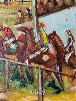Ancien Tableau HST Chevaux Hippodrome Course Hippique d'Obstacles Signé Darot