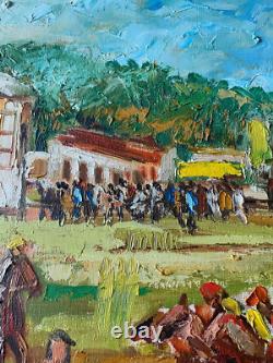 Ancien Tableau HST Chevaux Hippodrome Course Hippique d'Obstacles Signé Darot