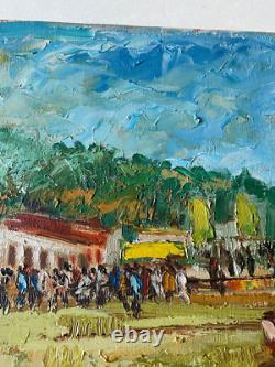 Ancien Tableau HST Chevaux Hippodrome Course Hippique d'Obstacles Signé Darot