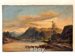 Ancien Tableau HST Ecole Romantique Paysage Lacustre de Montagne Animé 19ème