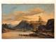 Ancien Tableau HST Ecole Romantique Paysage Lacustre de Montagne Anim&eacute; 19&egrave;me
