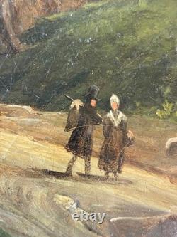 Ancien Tableau HST Ecole Romantique Paysage Lacustre de Montagne Animé 19ème