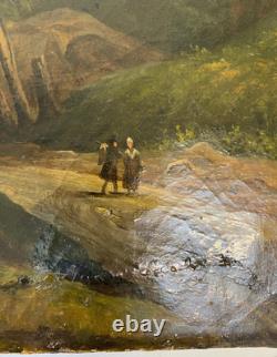 Ancien Tableau HST Ecole Romantique Paysage Lacustre de Montagne Animé 19ème