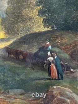 Ancien Tableau HST Ecole Romantique Paysage Lacustre de Montagne Animé 19ème