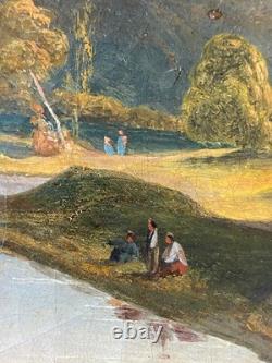 Ancien Tableau HST Ecole Romantique Paysage Lacustre de Montagne Animé 19ème