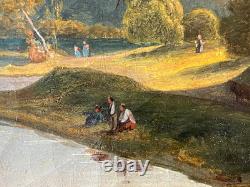 Ancien Tableau HST Ecole Romantique Paysage Lacustre de Montagne Animé 19ème