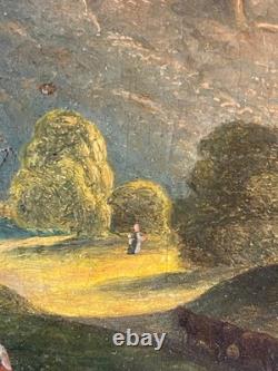 Ancien Tableau HST Ecole Romantique Paysage Lacustre de Montagne Animé 19ème