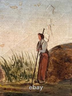 Ancien Tableau HST Ecole Romantique Paysage Lacustre de Montagne Animé 19ème
