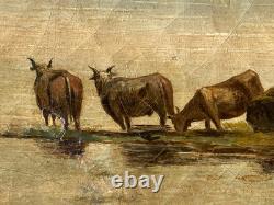 Ancien Tableau HST Ecole Romantique Paysage Lacustre de Montagne Animé 19ème