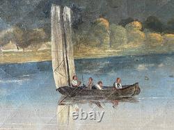 Ancien Tableau HST Ecole Romantique Paysage Lacustre de Montagne Animé 19ème