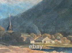 Ancien Tableau HST Ecole Romantique Paysage Lacustre de Montagne Animé 19ème