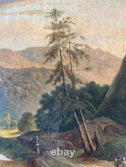 Ancien Tableau HST Ecole Romantique Paysage Lacustre de Montagne Animé 19ème
