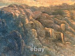 Ancien Tableau HST Ecole Romantique Paysage Lacustre de Montagne Animé 19ème