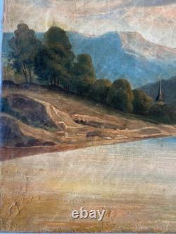 Ancien Tableau HST Ecole Romantique Paysage Lacustre de Montagne Animé 19ème