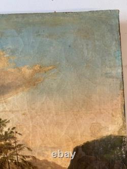 Ancien Tableau HST Ecole Romantique Paysage Lacustre de Montagne Animé 19ème