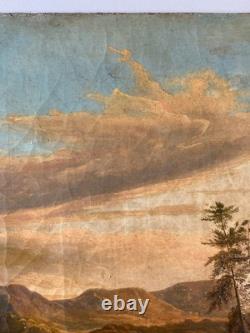 Ancien Tableau HST Ecole Romantique Paysage Lacustre de Montagne Animé 19ème