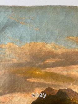 Ancien Tableau HST Ecole Romantique Paysage Lacustre de Montagne Animé 19ème