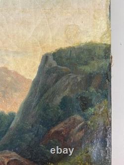 Ancien Tableau HST Ecole Romantique Paysage Lacustre de Montagne Animé 19ème
