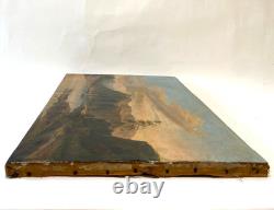Ancien Tableau HST Ecole Romantique Paysage Lacustre de Montagne Animé 19ème