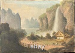 Ancien Tableau HST Ecole Suisse Paysage Animé Chalets Montagnes Cascade 19ème