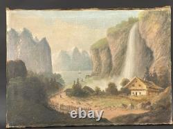 Ancien Tableau HST Ecole Suisse Paysage Animé Chalets Montagnes Cascade 19ème