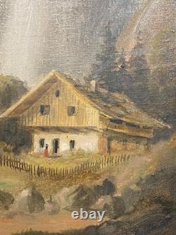 Ancien Tableau HST Ecole Suisse Paysage Animé Chalets Montagnes Cascade 19ème