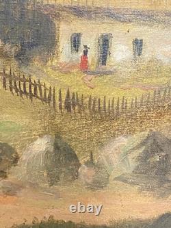 Ancien Tableau HST Ecole Suisse Paysage Animé Chalets Montagnes Cascade 19ème