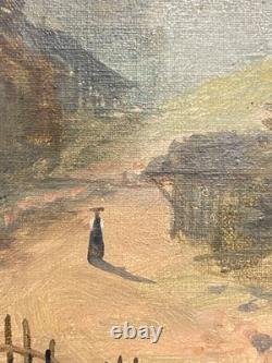 Ancien Tableau HST Ecole Suisse Paysage Animé Chalets Montagnes Cascade 19ème