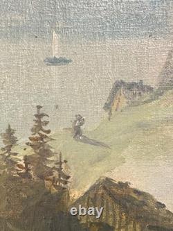 Ancien Tableau HST Ecole Suisse Paysage Animé Chalets Montagnes Cascade 19ème