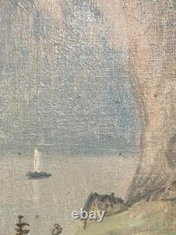 Ancien Tableau HST Ecole Suisse Paysage Animé Chalets Montagnes Cascade 19ème