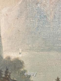 Ancien Tableau HST Ecole Suisse Paysage Animé Chalets Montagnes Cascade 19ème