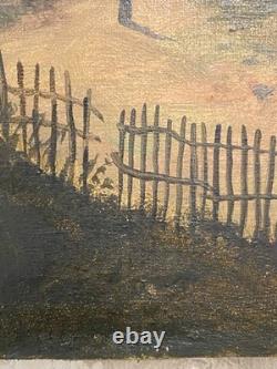 Ancien Tableau HST Ecole Suisse Paysage Animé Chalets Montagnes Cascade 19ème