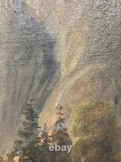 Ancien Tableau HST Ecole Suisse Paysage Animé Chalets Montagnes Cascade 19ème