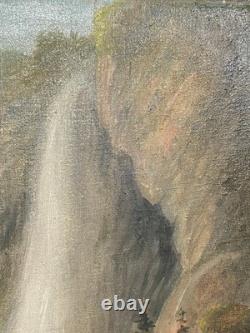 Ancien Tableau HST Ecole Suisse Paysage Animé Chalets Montagnes Cascade 19ème