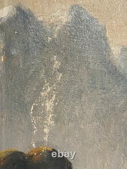 Ancien Tableau HST Ecole Suisse Paysage Animé Chalets Montagnes Cascade 19ème