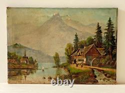 Ancien Tableau HST Ecole Suisse Paysage Animé Montagnes Signé 19ème à Restaurer